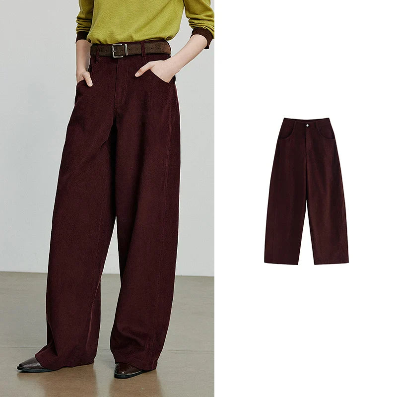 TOYOUTH Women Casual Pants 2025 Autumn New Corduroy Straight Wide Leg Banana Pants Ankola Red
