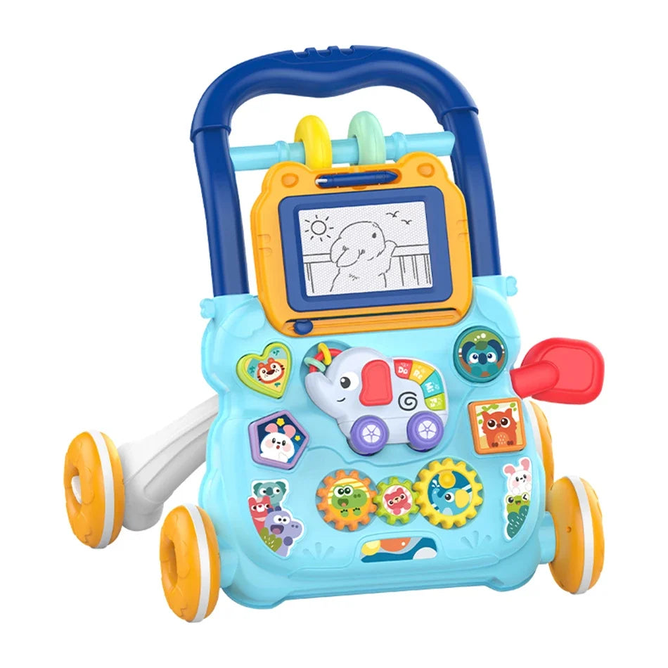 Cartoon Baby Push Walker Toy with Drawing Board Music Multifunction Activity Infant Learning Walk for 6-15 Months Toddler Walker