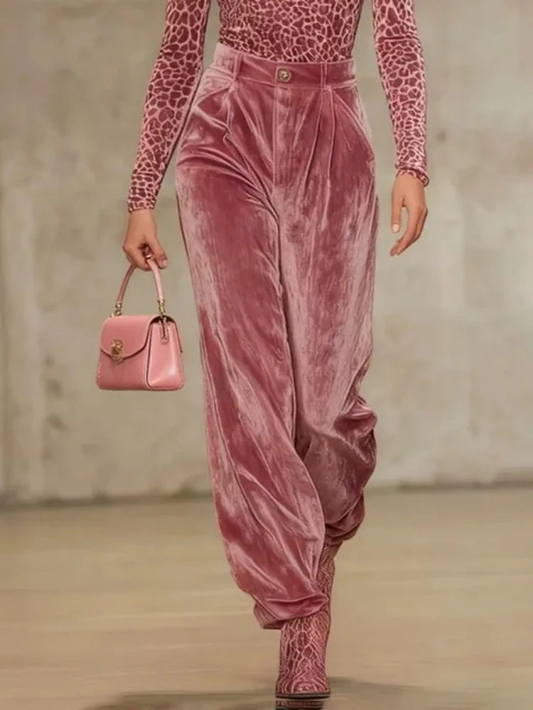 Bonboho Women's Pink Velvet High Waist Pants Buttoned Loose Fit Full Length Trousers 2026 Stylish Pleated Pants Matching Bottoms