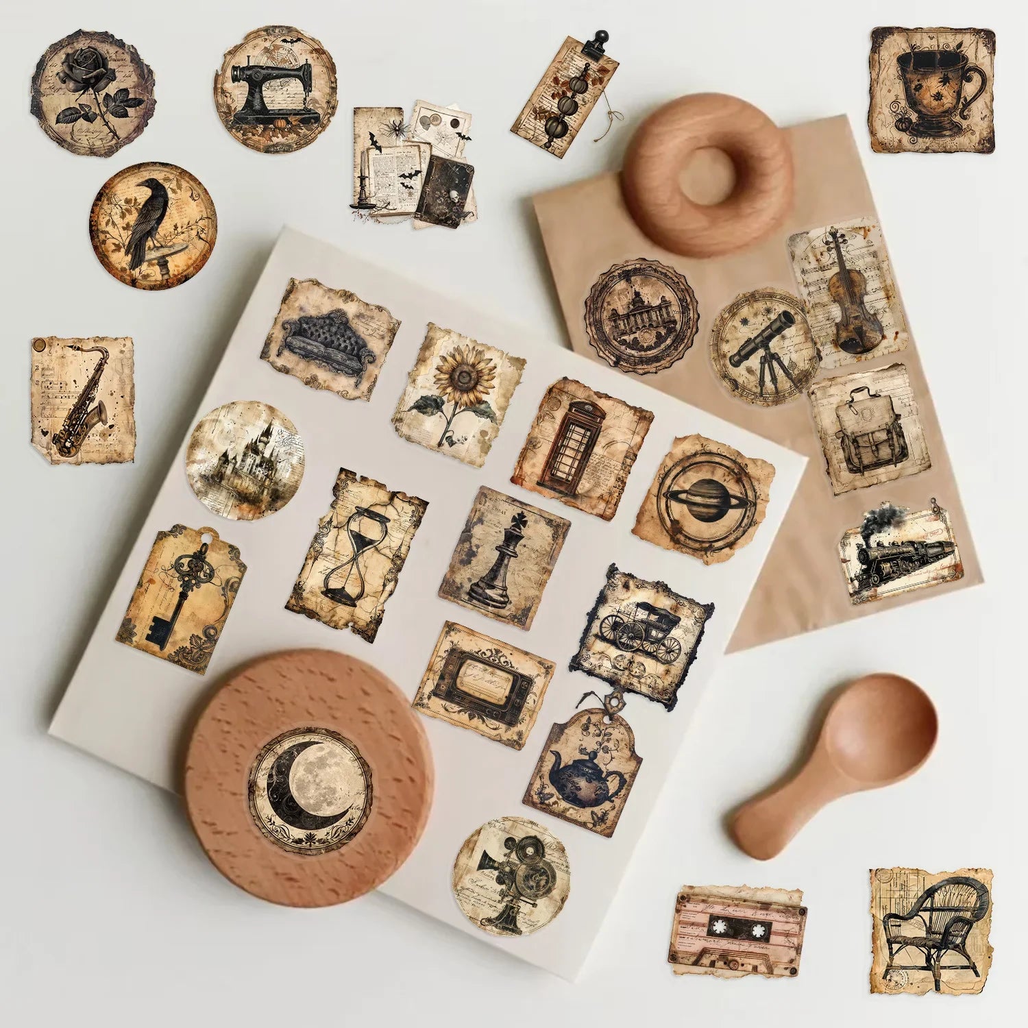 50/100PCS Cartoon Retro Label Sticker Pack Waterproof Transparent PET Decorative Guitar Notebook Stationery Stickers