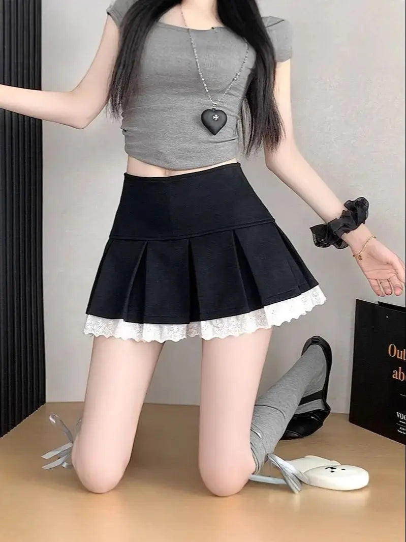 Flume edge lace skirt, fashionable and versatile pleated skirt, A-line skirt, new style
