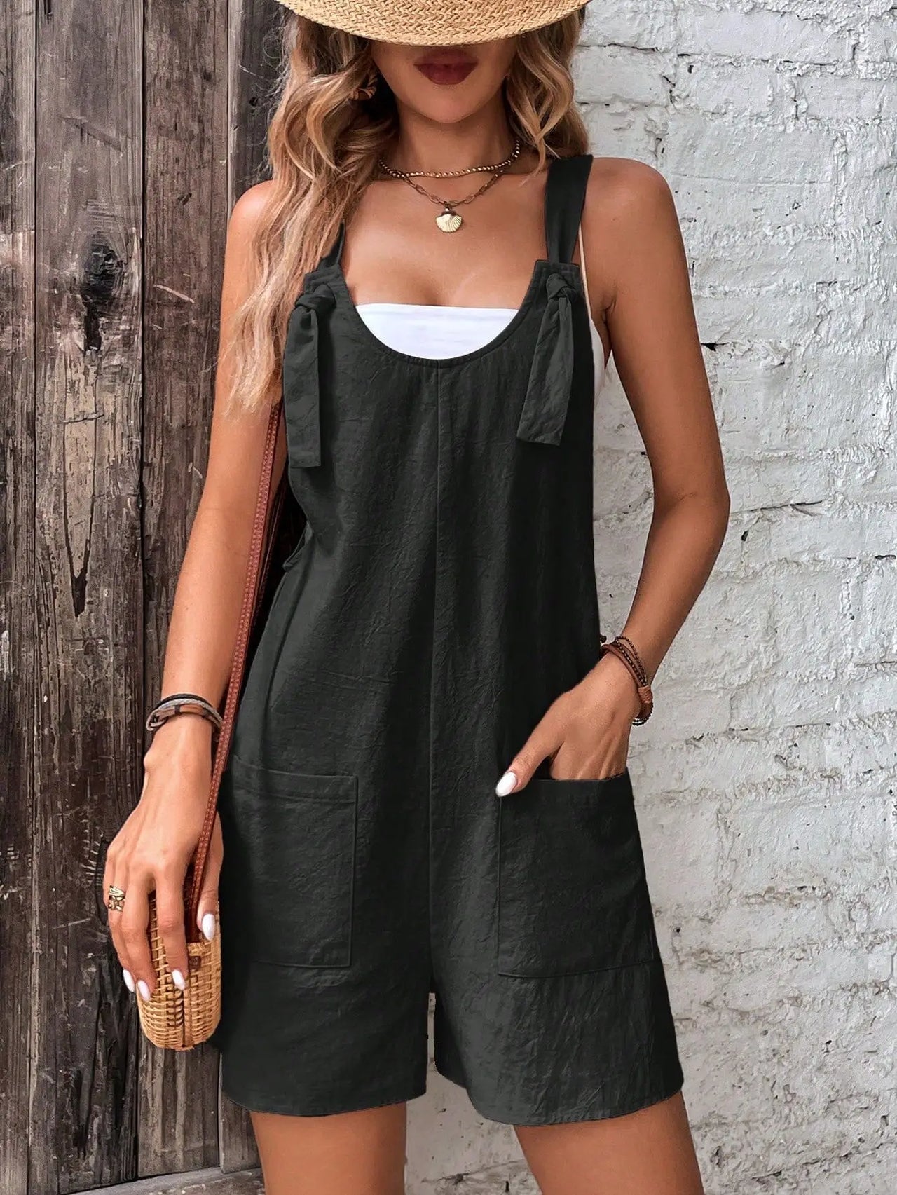 Women's Casual Summer Short Rompers Loose Overall Solid Sleeveless Lace up Wide Leg Pant Tie Knot Strap Jumpsuits with Pockets