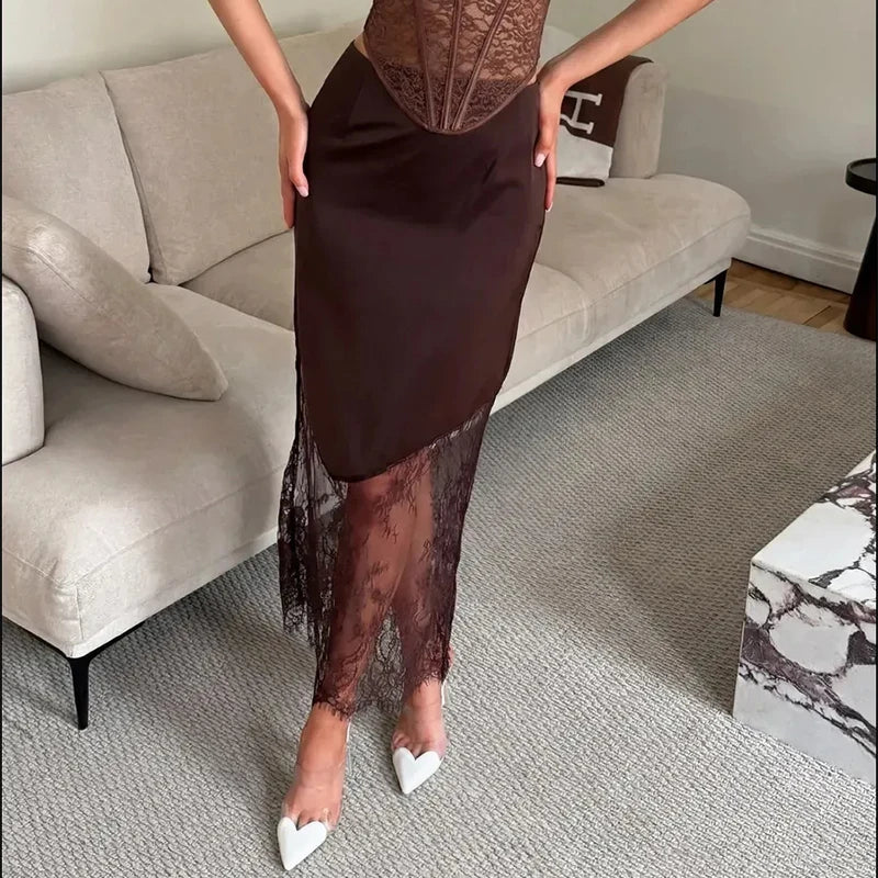 Women Patchwork Lace Skirts 2026 New Vintage High Waist Slim Hollow Out Maxi Skirts Autumn Brown Fashion Party Club Boho Skirt