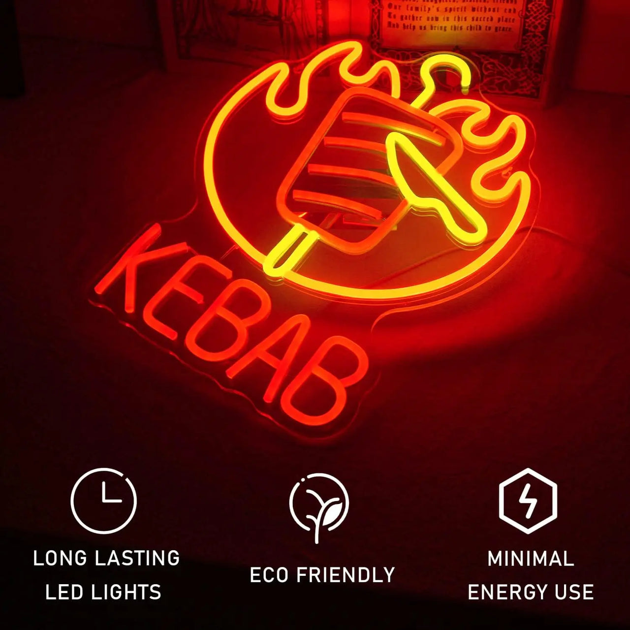 KEBAB Food LED Neon Sign with Flames and Knife for Kebab Shop Restaurant Bar Decor Home Party Unique Advertising Sign