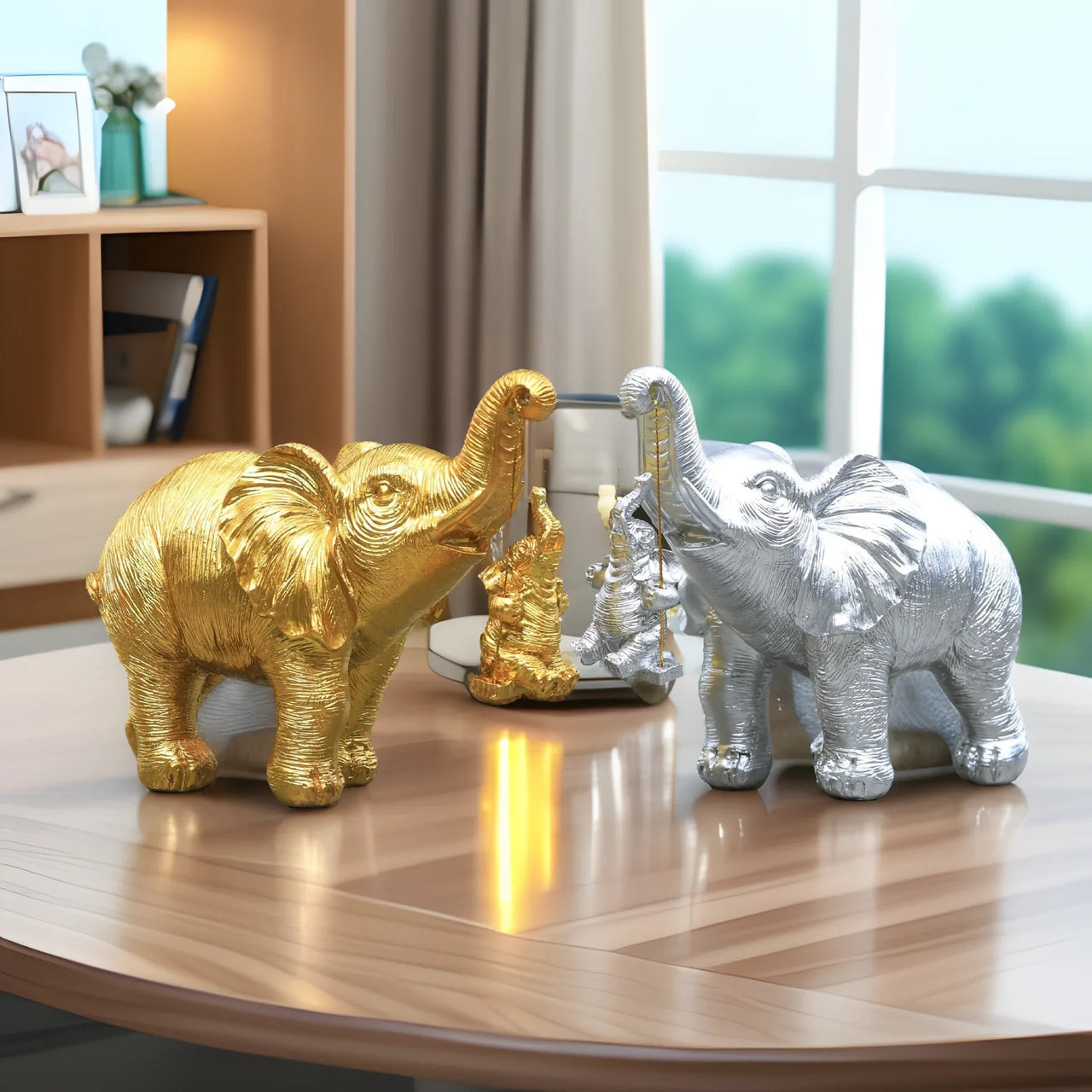 1 Piece of Gold and Silver Mother and Child Elephant Statue Ornament, Mother Holding Baby Elephant in a Warm Pose, Living Room Tabletop, Home Decor Creative Display Item