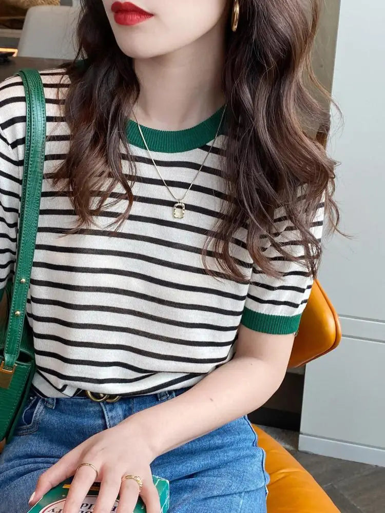 2026 Stripe Tops Women Knitted Round Collar Summer Print Short Sleeve Casual Simple Wild T-Shirt