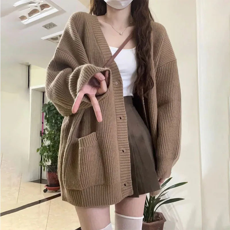 Korean version V-collar lazy wind cardigan Japanese department simple sweater female spring and autumn winter casual loose knit