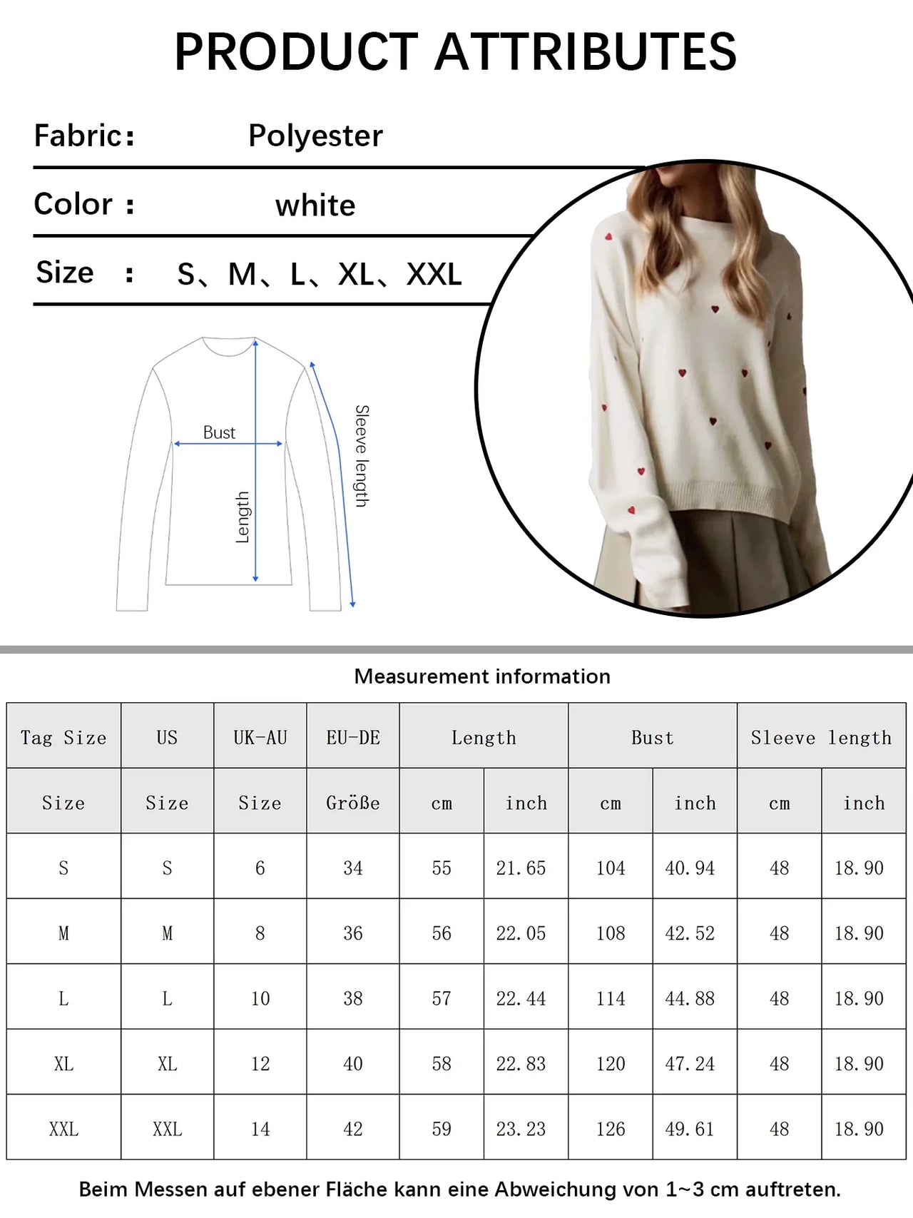 Women's Cream Red Heart Embroidered  Knit Sweater Crew Neck Long Sleeve Casual Pullover Fashion Comfortable Top