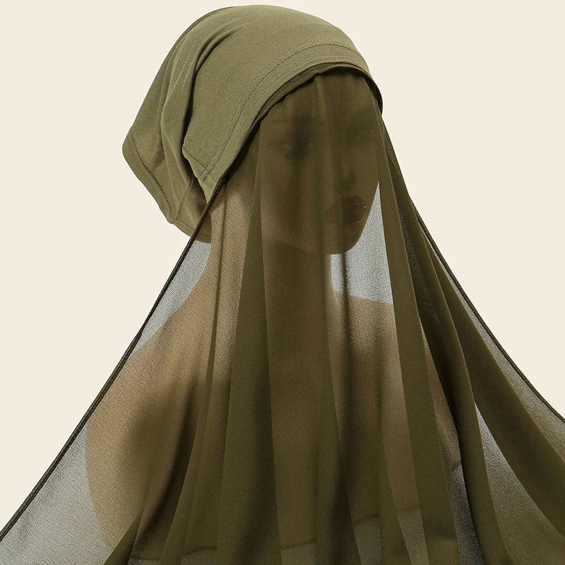 New Plain Instant Hijab Bubble Chiffon With Modal Tube Cap Set Muslim Woman Hijab Innerscarf Casual Long Scarf Islamic Turban