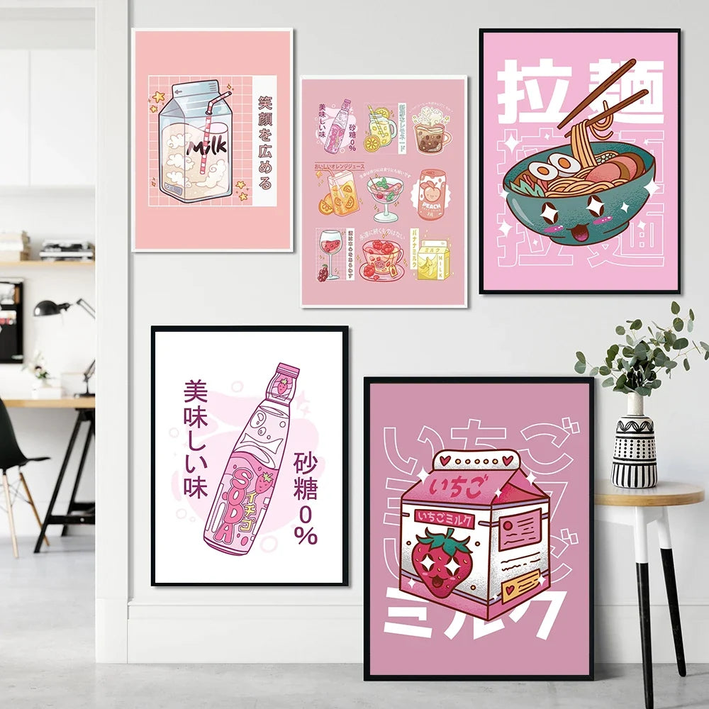 Japanese Kawaii Cuisine Poster Ramen Drink Milk Canvas Painting Wall Picture Soda Water Vapor Wave Print Restaurant Decoration