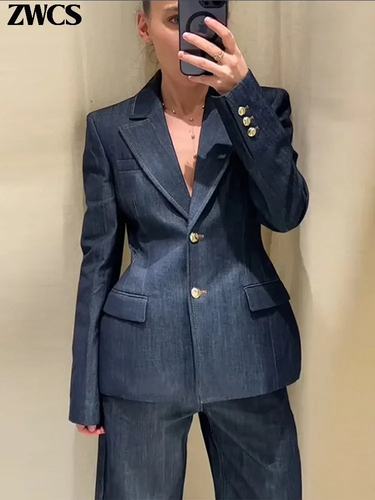 Elegant Denim Blazer Vest Pants Set Women Single-breasted V-Neck Suit Coat Strapless Tanks Straight Leg Jeans 2025 New Lady Suit