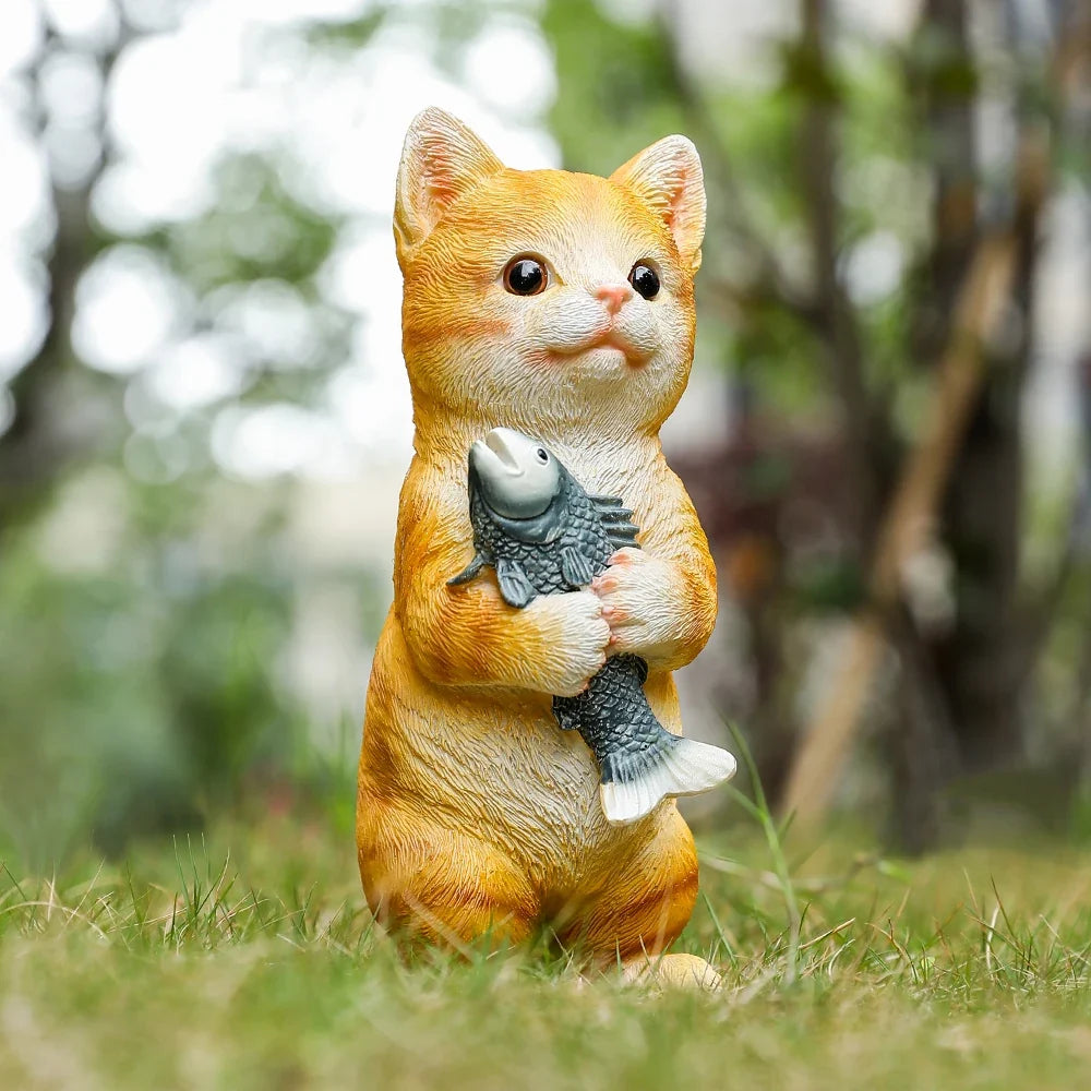 Cat Figurines Outdoor Garden Statues for Patio, Lawn Yard Decoration, Orange Cat Sculpture and Figurines Cat Lover Gifts Kitten