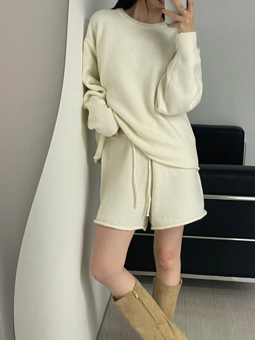 Korean Style Sweater Two 2 Piece Set Women Vintage Autumn Winter Pullover Knitted Tops + Casual Shorts 2 Piece Outfits Female