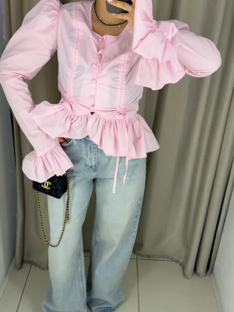 Women Fashion Slim Shirt Classic Solid Single Breasted O-neck Lace-up Full Sleeve Ruffled Blouse 2026 Chic Spring Commute Tops