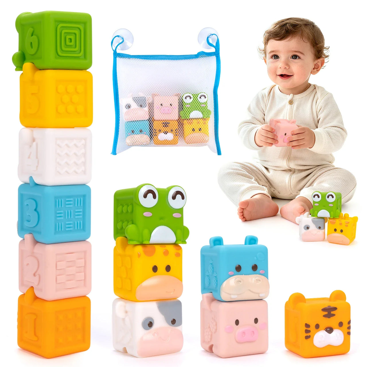 Baby Soft Silicone Building Blocks Toys 3D Cube Animal Stacking Toys Toddler Early Educational Sensory Montessori Toys Bath Toys