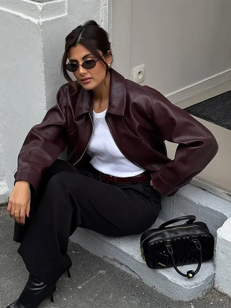 Full Sleeve Cropped Wine Red Leather Jacket Women Casual Slim Thin Pu Motorcycle Coat Zipper Lapel Lady New Highstreet Outwear
