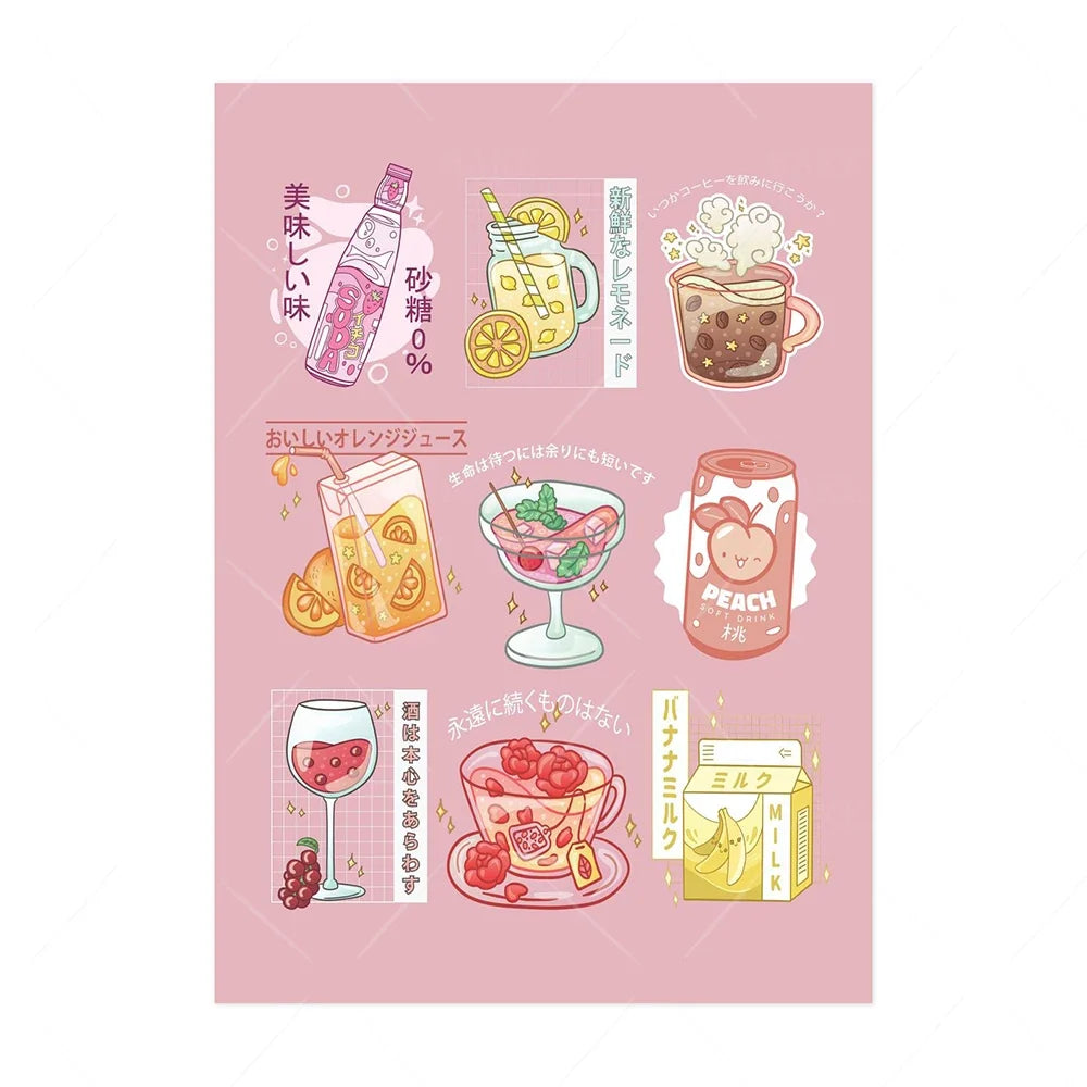 Japanese Kawaii Cuisine Poster Ramen Drink Milk Canvas Painting Wall Picture Soda Water Vapor Wave Print Restaurant Decoration