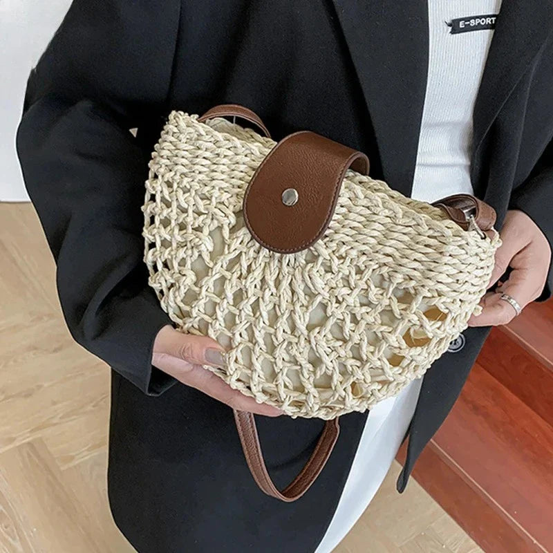 Crossbody Bags Summer Straw Bag Fashion Semicircle Crossbody Bags Rattan Handmade Messenger Handbag Travel Beach Bags Tote