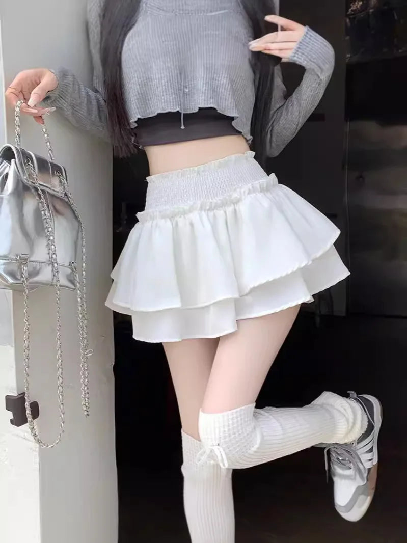 Mini Skirt Cute Sexy Balletcore Elastic High Waist Ball Gown Ruffle Patchwork Lolita Skirt Short Korean Sweet Y2K Women Clothing