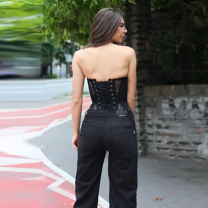 Sexy Slim Fit Corset Lace Hollow Out Sleeveless Strapless Top Lace Up Slim Fit Tops 2026 Summer Women Street Trendy Vest