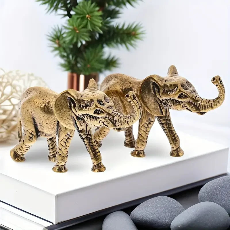 Brass Elephant Figurine - Handcrafted Metal Miniature Animal Statue, Collectible Home Decor Desk Accessory, No Electricity Requi