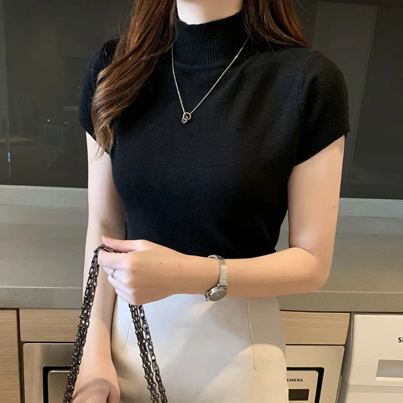 Turtleneck T-Shirt Women's Fashion Jumper Casual Tops Korean Style Elegant Solid-Coloured Clothing Spring And Summer Season