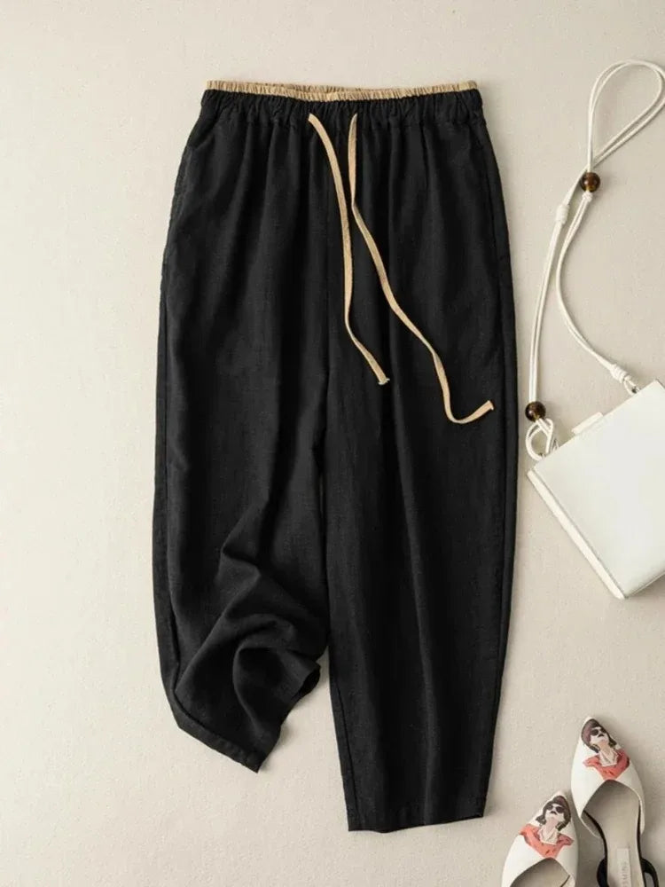 Retro commuting pants, Korean version, minimalist style, cotton linen wide leg casual pants, women's loose hanging straight leg