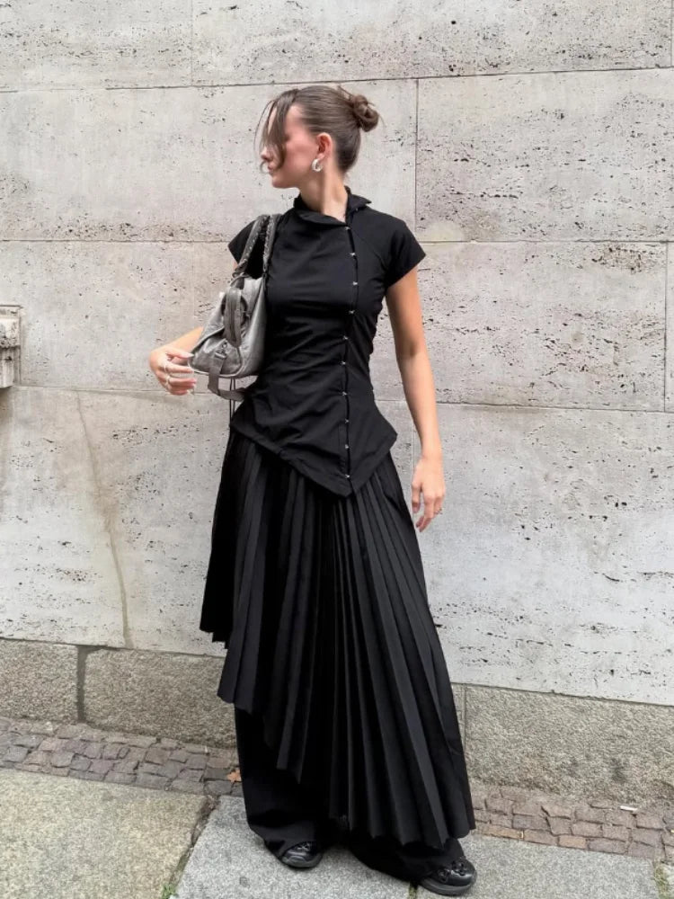 Women Vintage Black Irregular Buttons Top Fashion Solid Lapel Short Sleeve Slim Cropped Blouse 2026 Lady Daily Street Y2k Tops