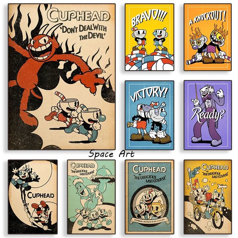 Classic Retro Wall Art Game Anime Cuphead Cartoon Characters HD Canvas Printed Poster Home Living Room Bedroom Decoration