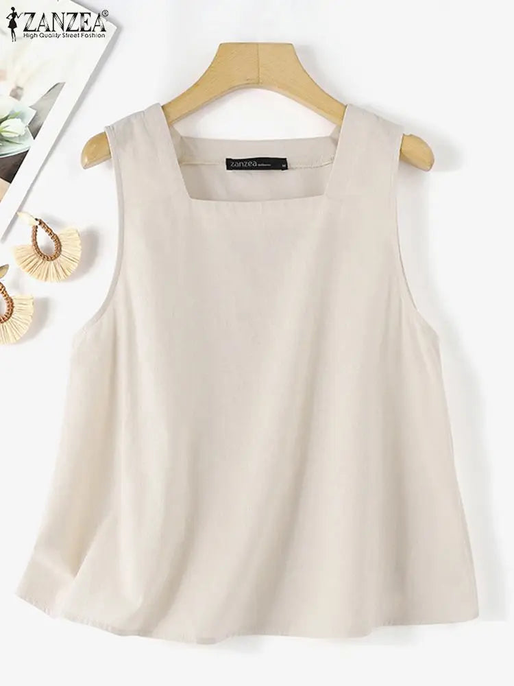 ZANZEA Summer Tanks Tops Women Square Neck Sleeveless Blouse Elegant Cotton Shirt Casual Solid Holiday Beach Blusas Female Tunic