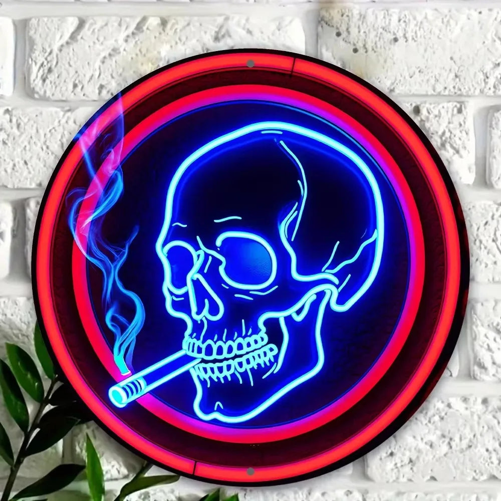 Stand out  Aluminum Neon Skull Sign. Round, Cigarette Wreath.Ideal Wall Art for Kitchen, Office, Garden. Great for Festive Decor