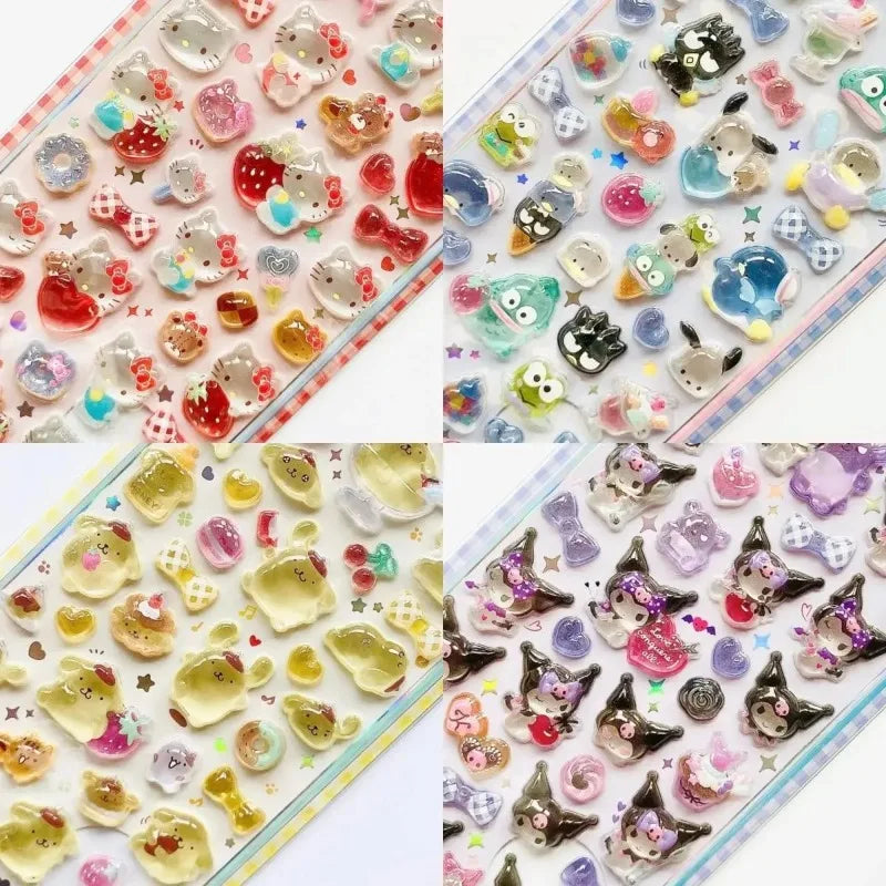 3D Sanrio Hellokitty Kuromi Cinnamoroll Stickers Cute Anime Transparent Jelly Crystal Decorative Sticker Phone Case DIY Kids Toy
