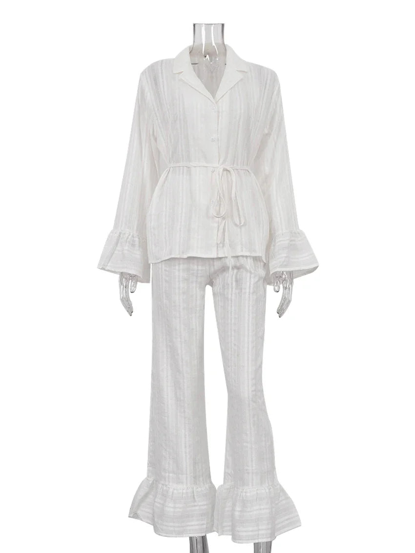 Marthaqiqiq Casual Women Nightgown 2 Piece Suit Long Sleeve Nightwear Turn-Down Collar Sleepwear Pants Loose Home Clothes Ladies