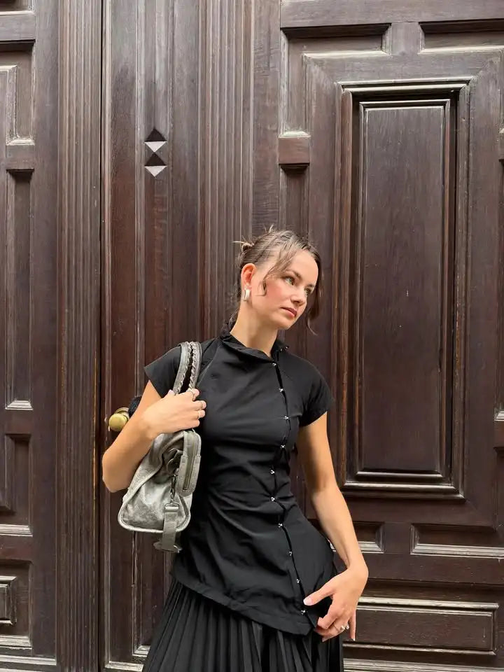 Women Vintage Black Irregular Buttons Top Fashion Solid Lapel Short Sleeve Slim Cropped Blouse 2026 Lady Daily Street Y2k Tops
