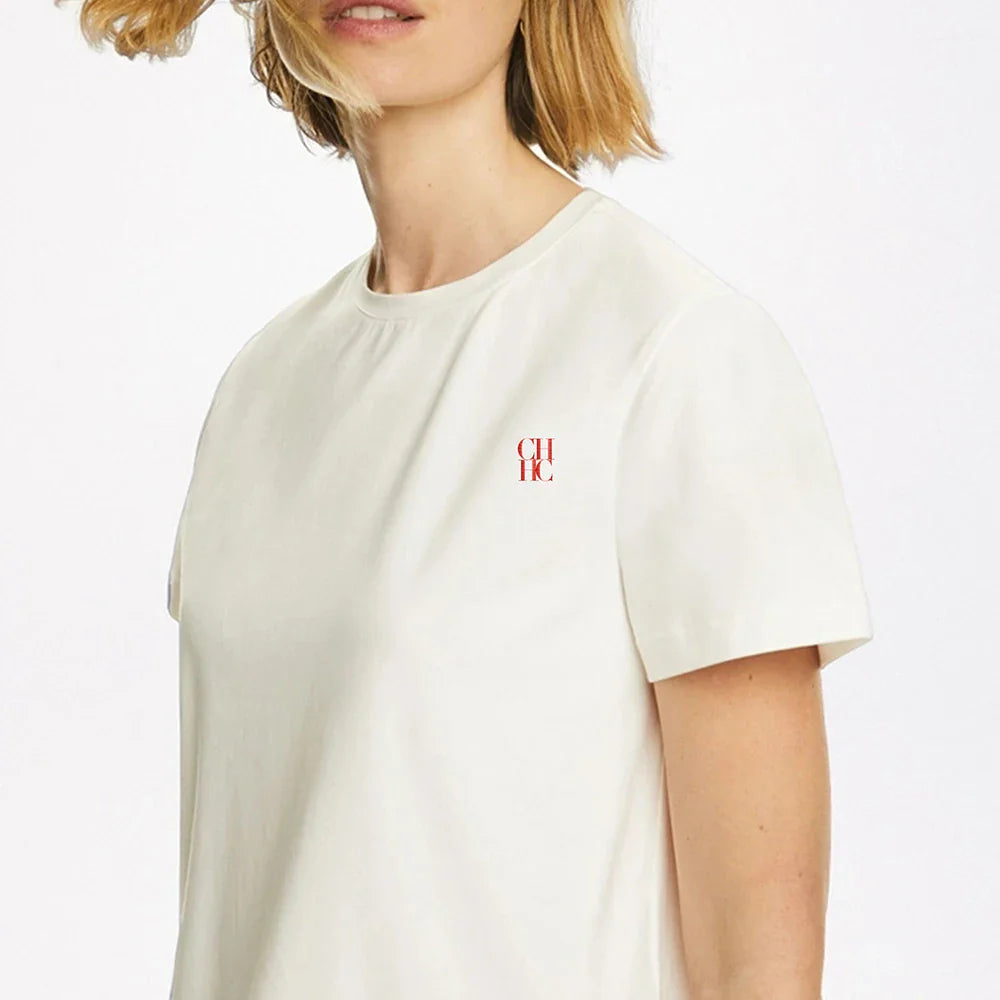 CH Womens Short Sleeve Crew Neck T Shirt Embroidered Logo Casual Loose White Cotton Tee Top Fashion Daily Wear