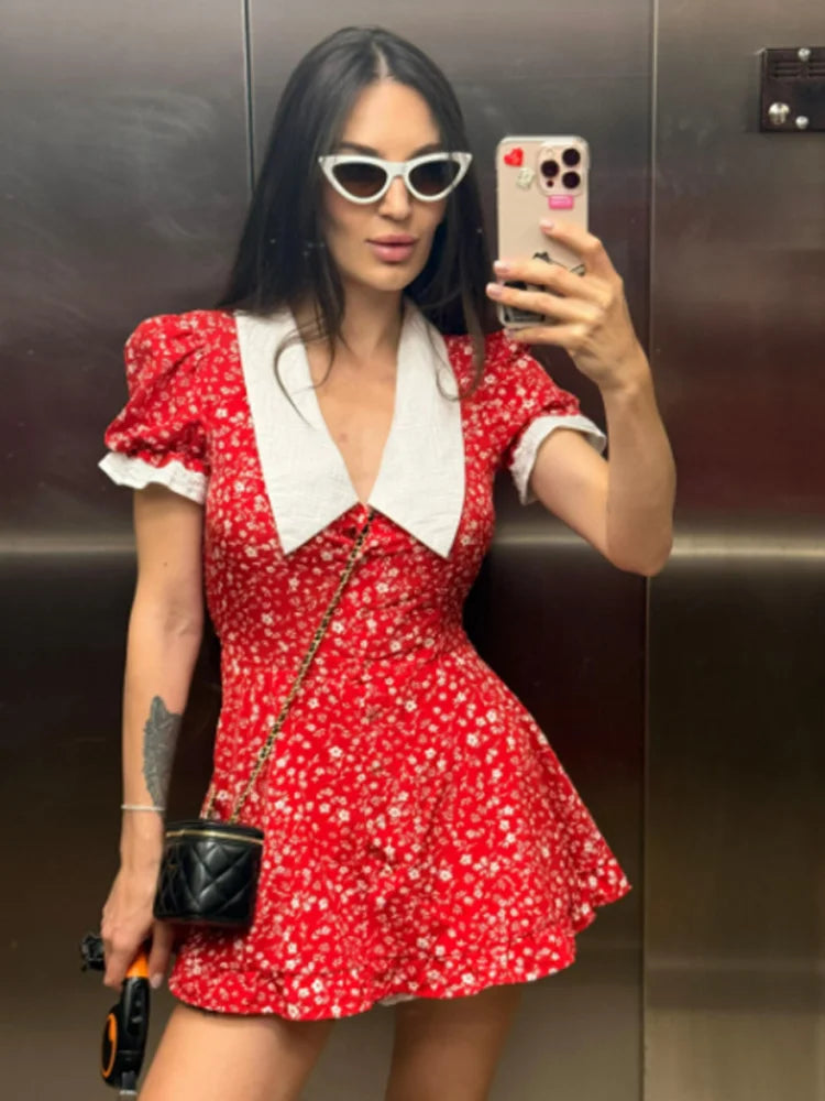 Women Sweet Floral Print Short Dress Elegant V Neck Puff Sleeves Layered Ruffles Vestidos 2026 Summer Female Party Chic Dresses