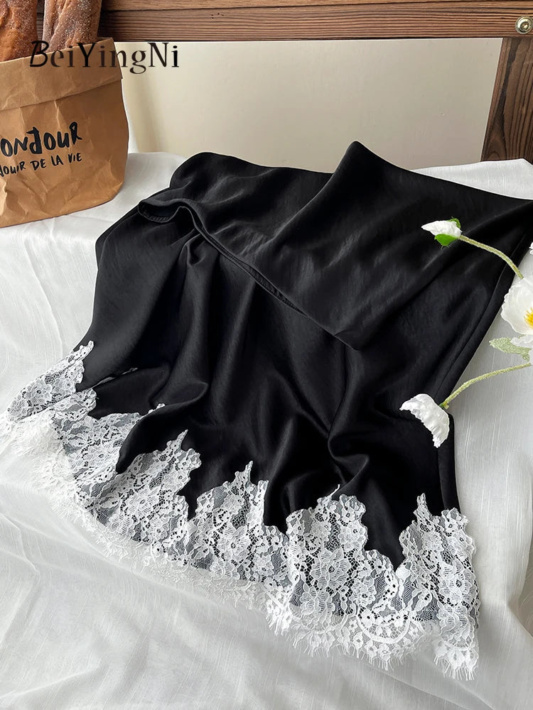 Beiyingni French Elegant Satin Mermaid Skirt Women Spring Summer Lace Patchwork Pack Hip Long A-line Skirts Office Ladies Faldas