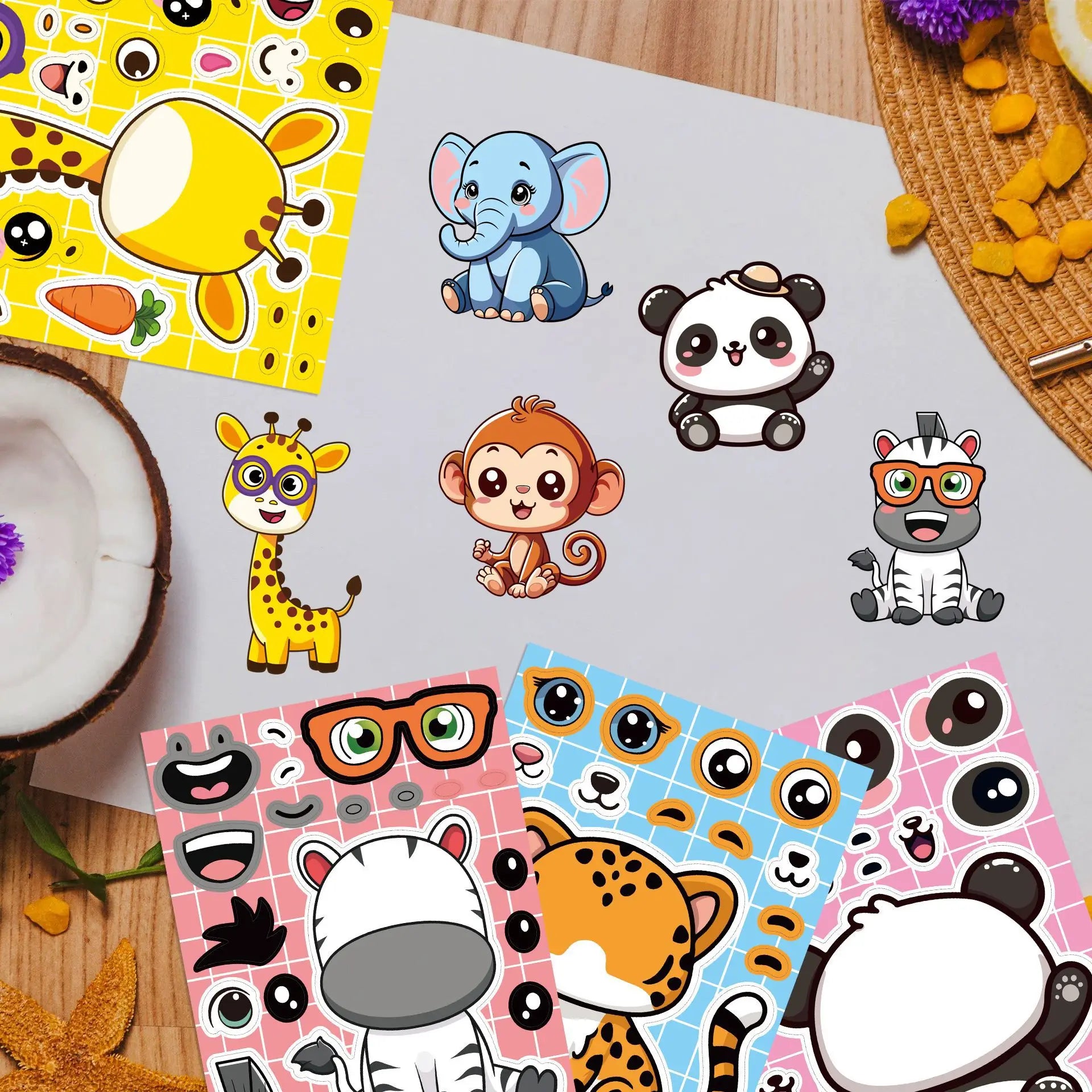 8/16/24PCS Cartoon Animal Puzzle Stickers Make a Face Cartoon Decals Stationery Notebook Phone Laptop Decoration Stickers