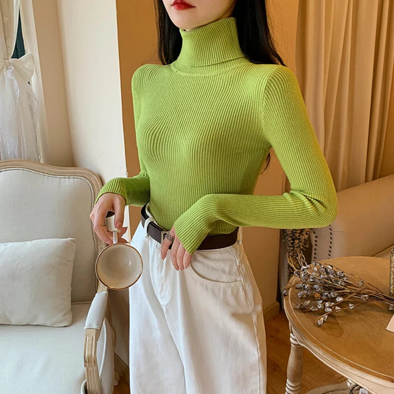 2026 Autumn Winter Women Long Sleeve Knitted Foldover Turtleneck Ribbed Pull Sweater Soft Warm Femme Jumper Pullover Clothes