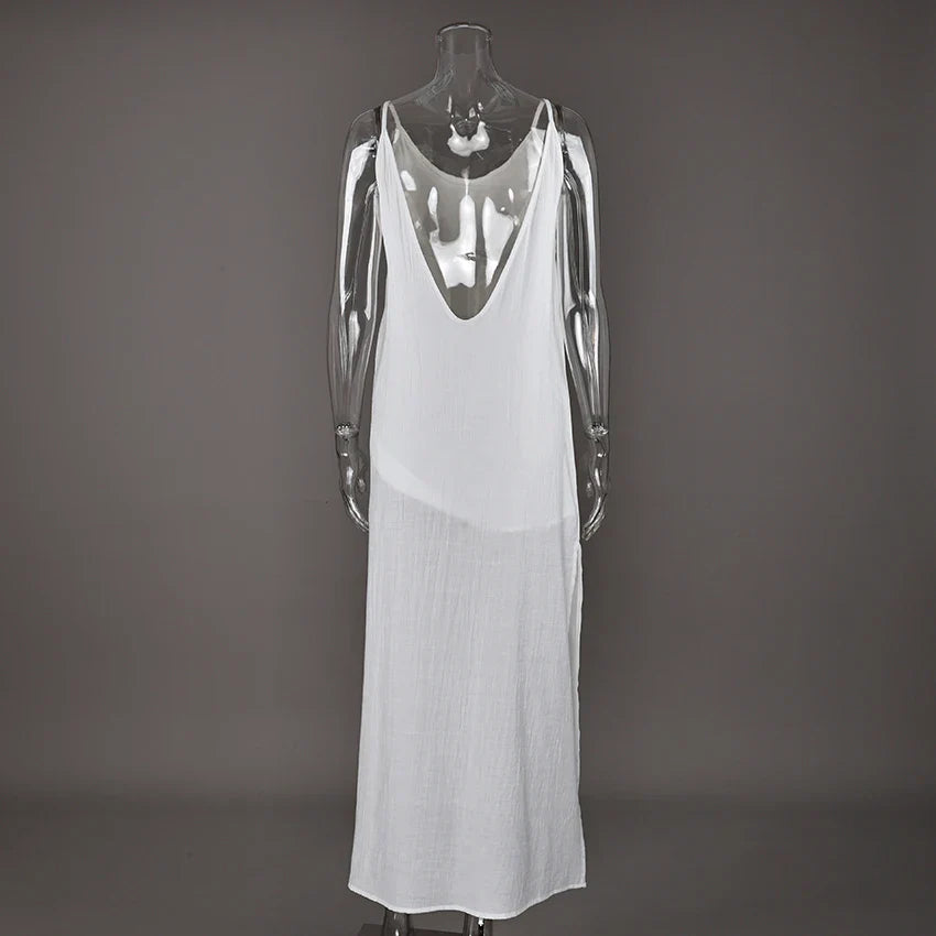 Linad Summer Casual White Long Dress Sexy Loose Backless Split Dresses Woman Street Chic V Neck Straight Dress For Women 2025