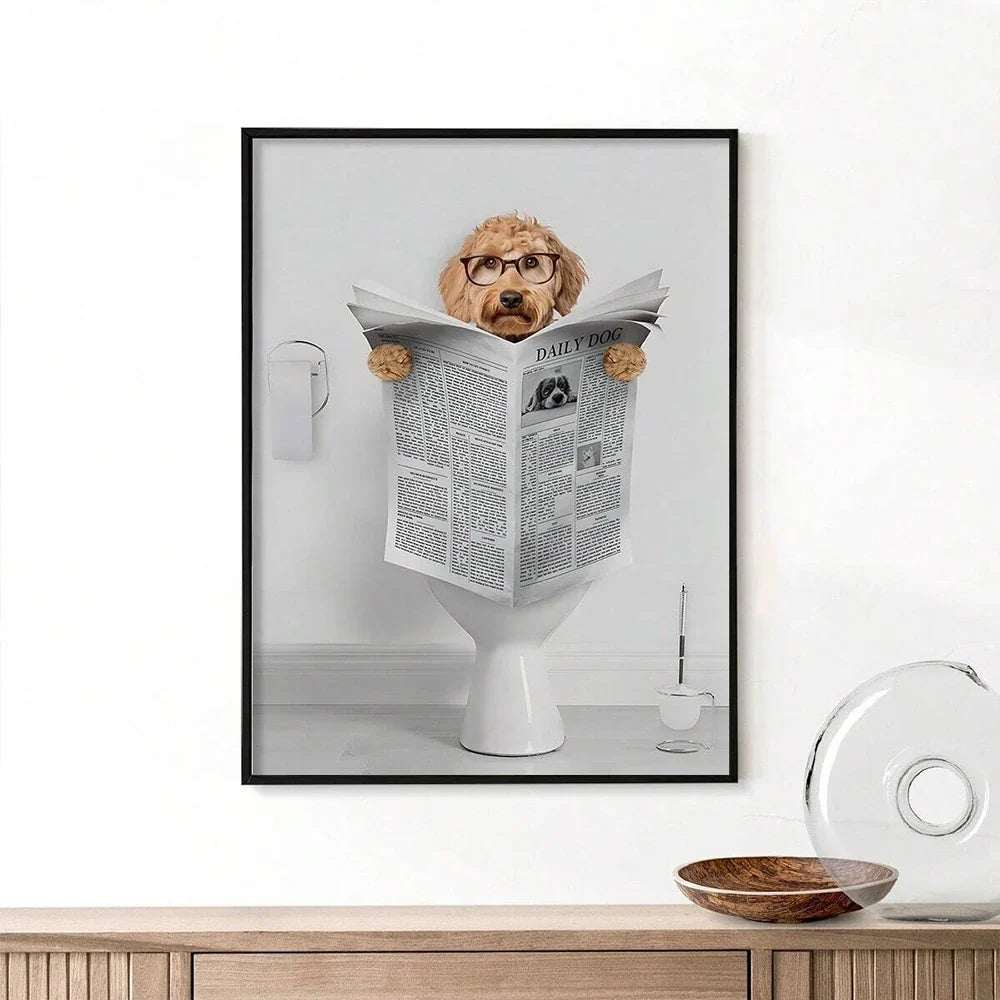 Modern Simple Animal Wall Art Dachshund Toilet Reading Newspaper Canvas Printed Poster Home Bathroom Bedroom Decoration