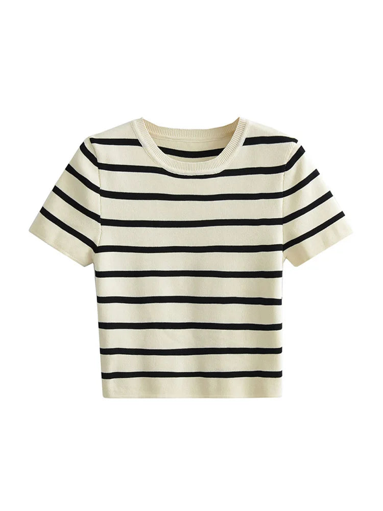 Women Fashion Striped Basic Cropped Knit Sweater Vintage O Neck Short Sleeve Female Pullovers Chic Tops