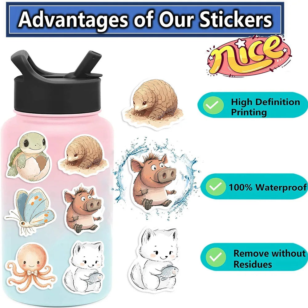 50/100PCS Cartoon Healing Animal Graffiti Stationery Notebook Stickers Decorative Guitar Luggage DIY Waterproof Stickers