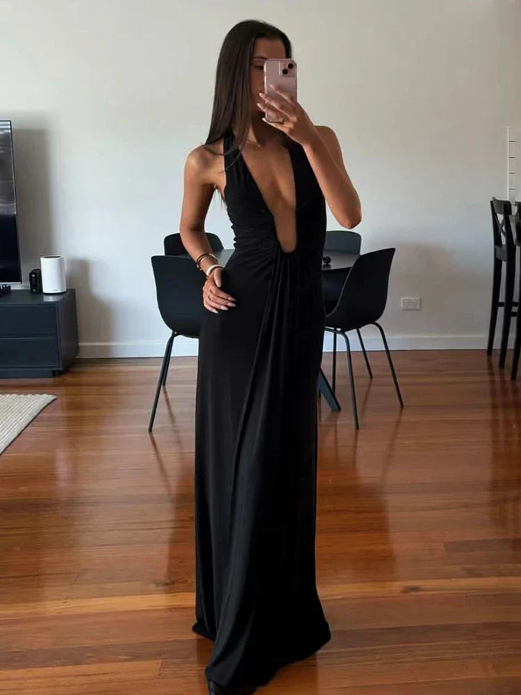 TARUXY Deep V Neck Halter Long Dress Female Elegant Ruched Ribbon Splice Summer New Vacation Dress Sexy Slim Sleeveless Vestido