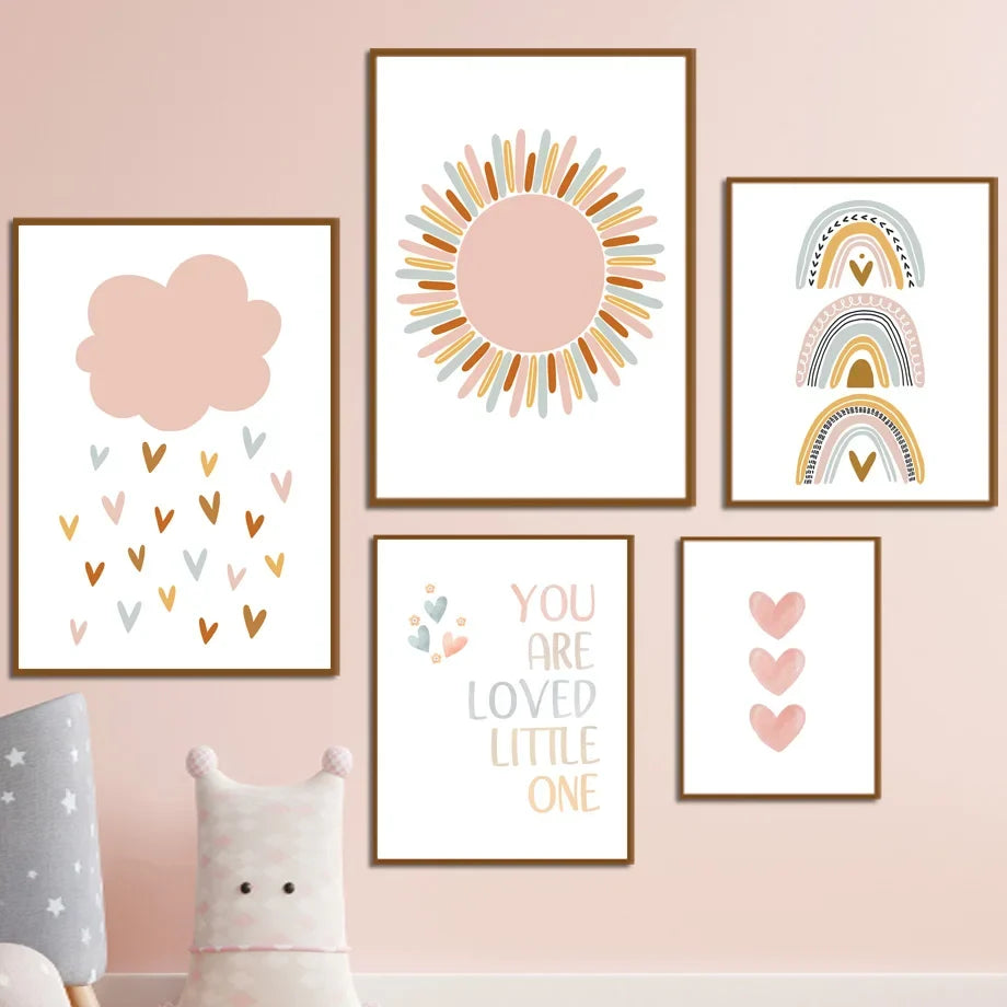 Kawaii Angel Girls Rabbit Sun Rainbow Cloud Cartoon Children Posters Canvas Painting Wall Art Print Picture Baby Kids Room Decor