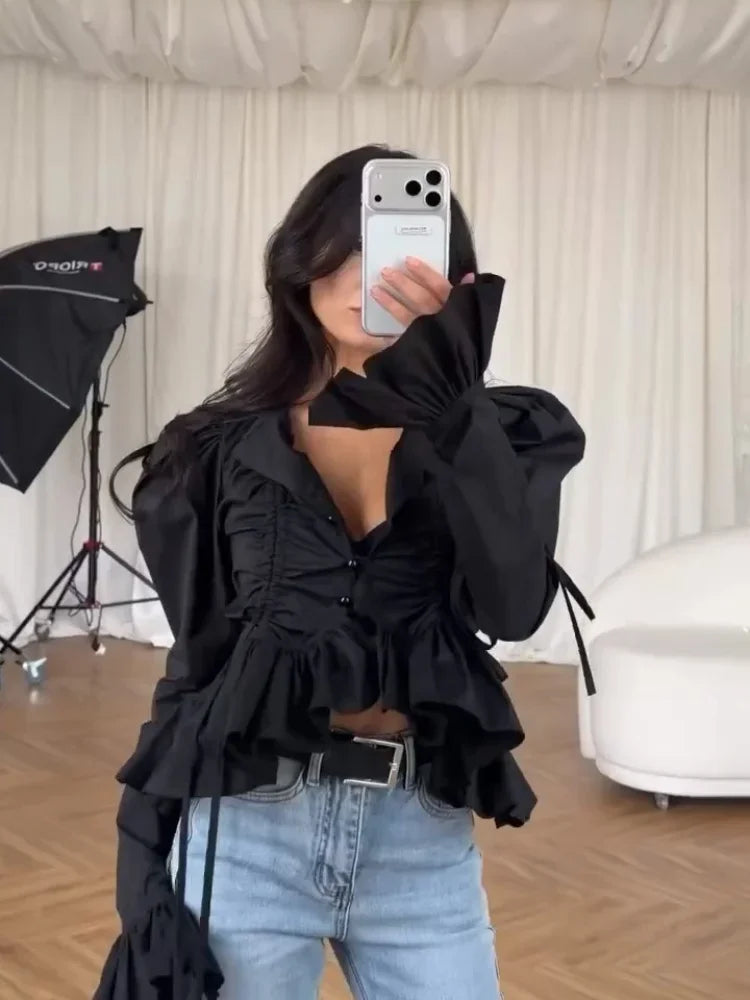 Women Fashion Slim Shirt Classic Solid Single Breasted O-neck Lace-up Full Sleeve Ruffled Blouse 2026 Chic Spring Commute Tops
