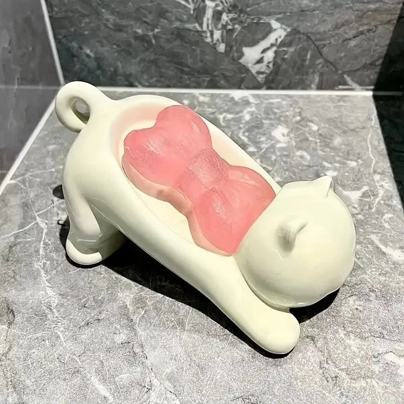 Cute Cartoon Cat Soap Dish with Drainage Plastic Holder for Bathroom Ideal for Soap and Sponges Storage Soap Holde Decorative