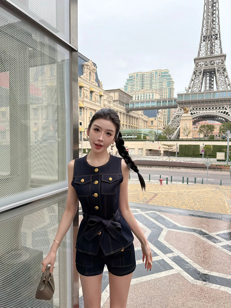 High Waist Ladies First Design Denim Shorts Spring New Style Slimming Outer Pocket Button Casual Pants for Women