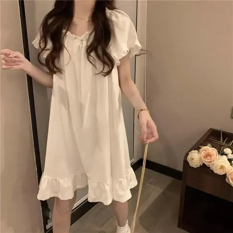 White Mid Length Nightgowns Summer Pajamas Women's Home Clothes New Dress Korean Sleepwear For Sleeping Sexy Nightwear Woman Top