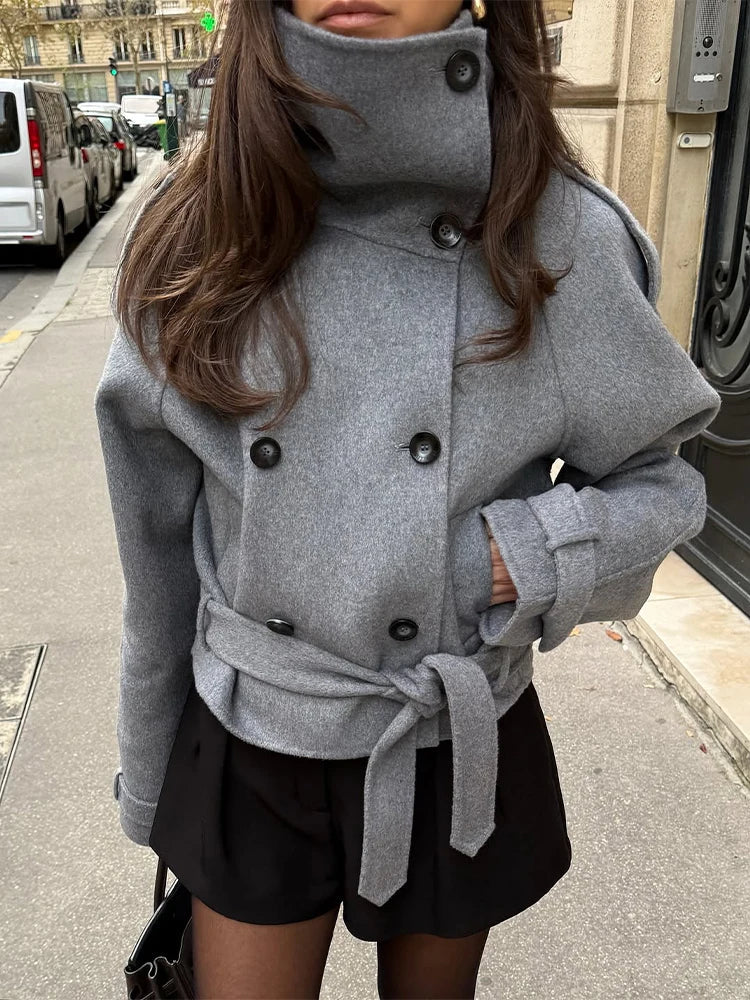 Women Turtleneck Grey Woolen Cropped Coat Chic High Collar Double Breasted Pocket Lace Up Short Overcoat Lady Daily Street Coats